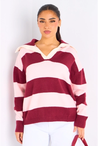 Pull en laine bordeaux à rayures roses