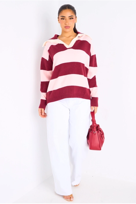 Pull en laine bordeaux à rayures roses