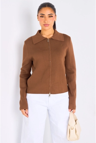 Gilet à zip et col rabat de couleur marron