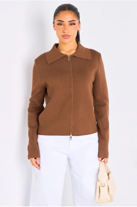 Gilet à zip et col rabat de couleur marron