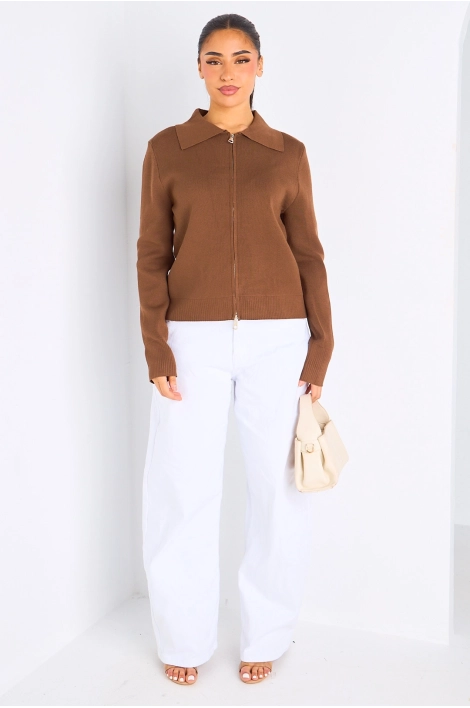Gilet à zip et col rabat de couleur marron
