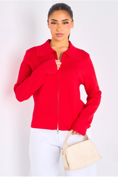 Gilet à zip et col rabat de couleur rouge