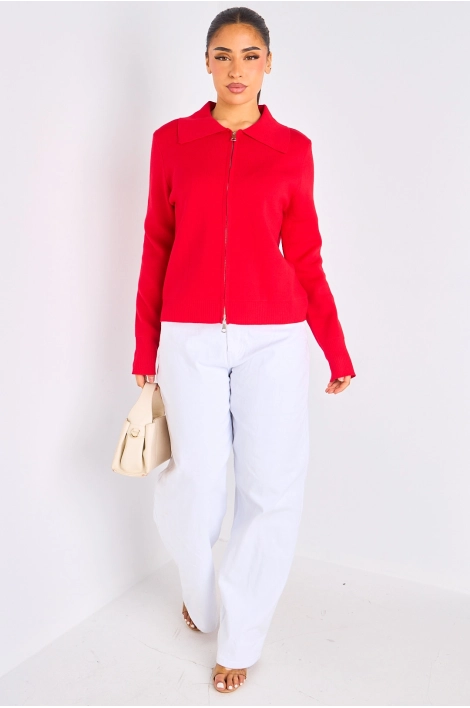 Gilet à zip et col rabat de couleur rouge