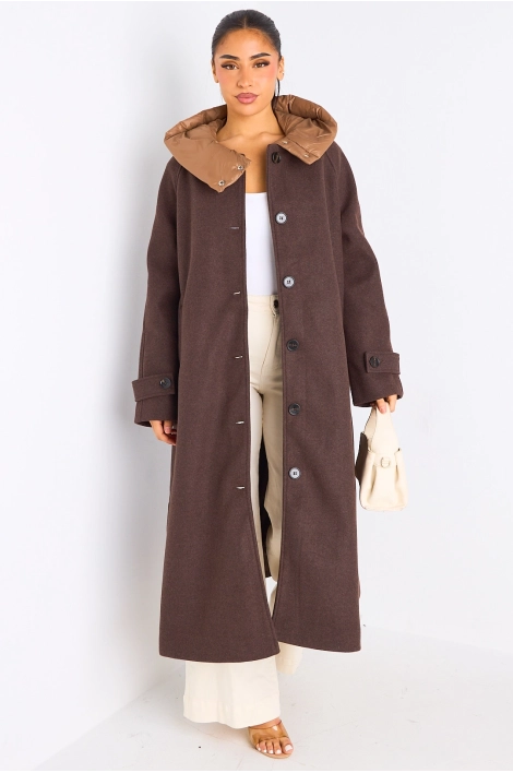 Manteau long texturé marron à capuche bi-matière