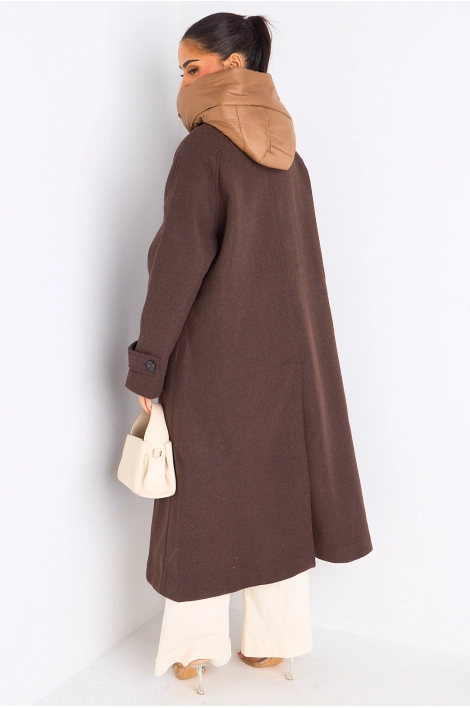 Manteau long texturé marron à capuche bi-matière