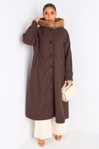 Manteau long texturé marron à capuche bi-matière