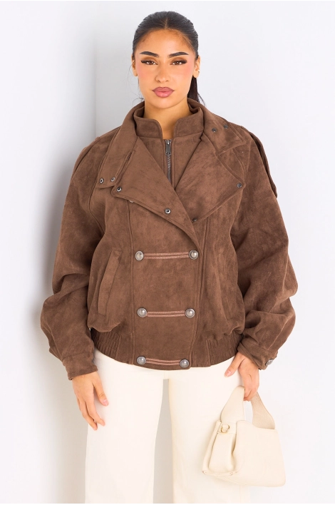 Manteau marron en suédine à effet boutonné