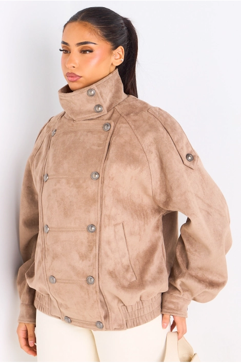 Manteau taupe en suédine à effet boutonné