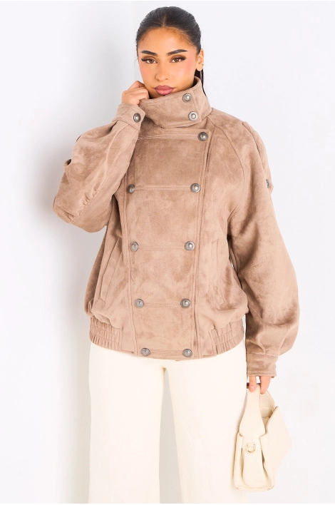Manteau taupe en suédine à effet boutonné