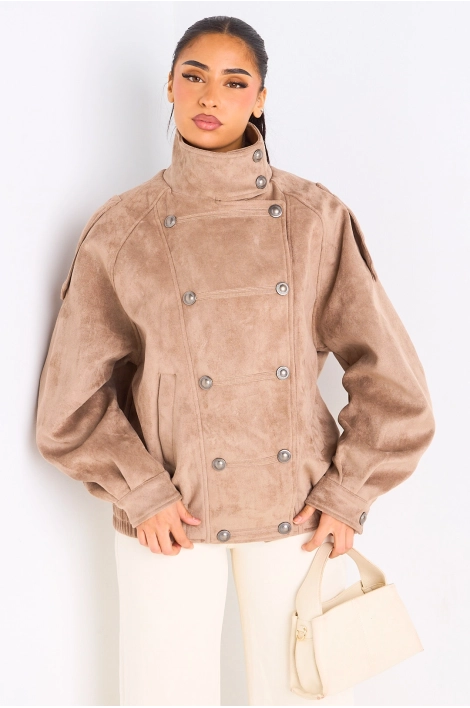 Manteau taupe en suédine à effet boutonné