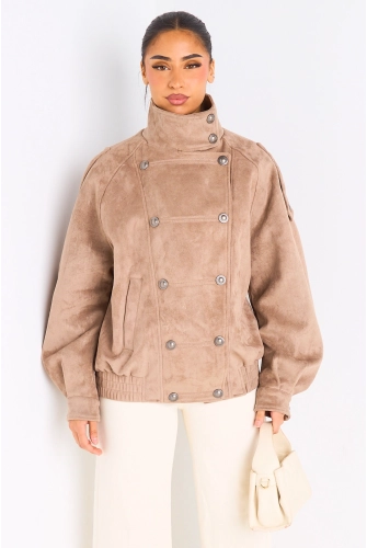 Manteau taupe en suédine à effet boutonné