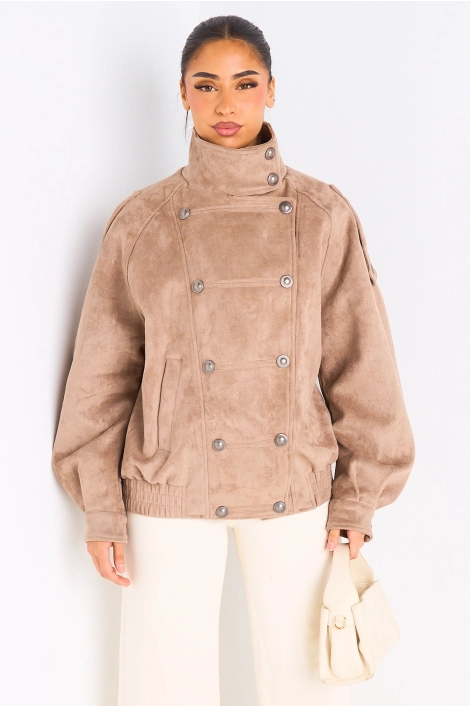 Manteau taupe en suédine à effet boutonné