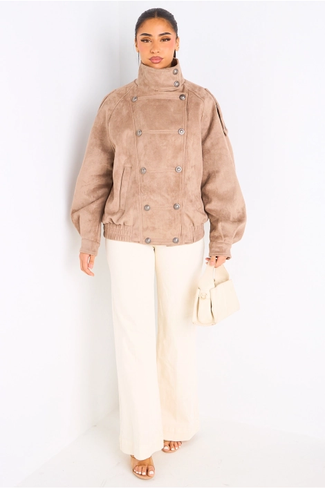 Manteau taupe en suédine à effet boutonné