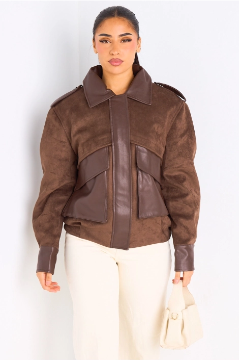 Veste en simili cuir bi-matière marron