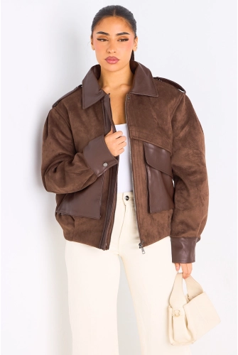 Veste en simili cuir bi-matière marron
