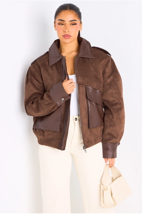 Veste en simili cuir bi-matière marron