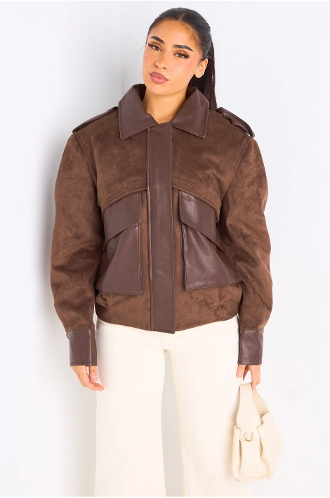 Veste en simili cuir bi-matière marron