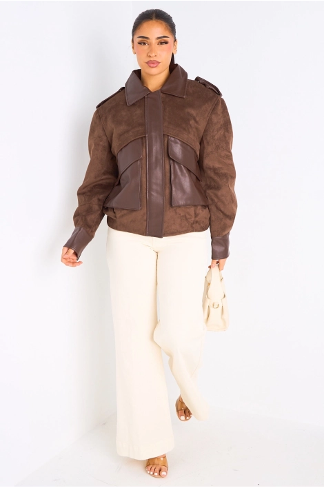Veste en simili cuir bi-matière marron