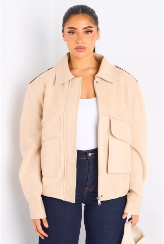 Veste en simili cuir bi-matière beige