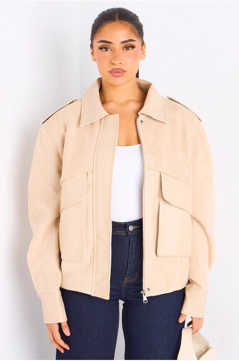 Veste en simili cuir bi-matière beige