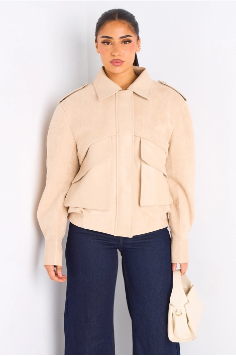 Veste en simili cuir bi-matière beige