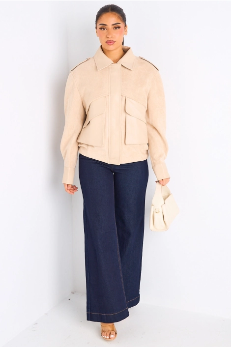 Veste en simili cuir bi-matière beige