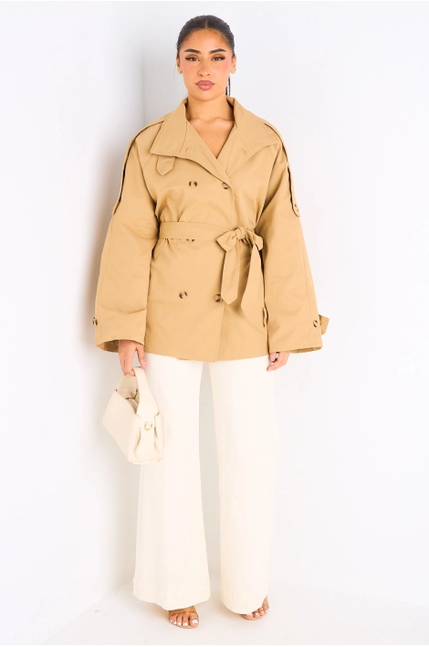 Manteau camel ceinturé à col rabat