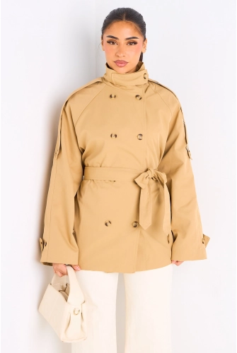 Manteau camel ceinturé à col rabat