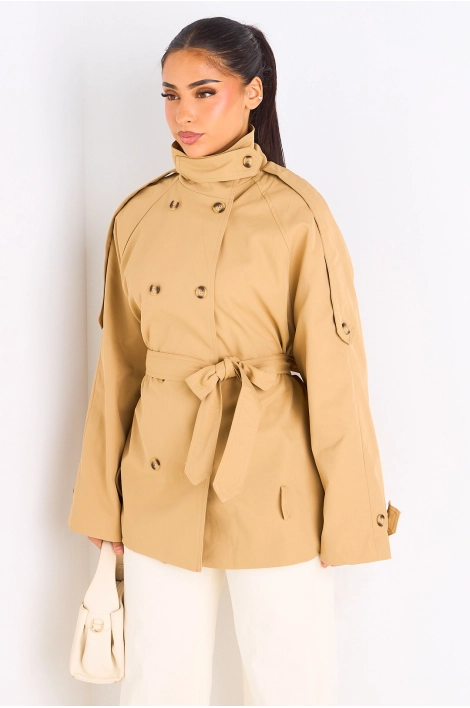 Manteau camel ceinturé à col rabat