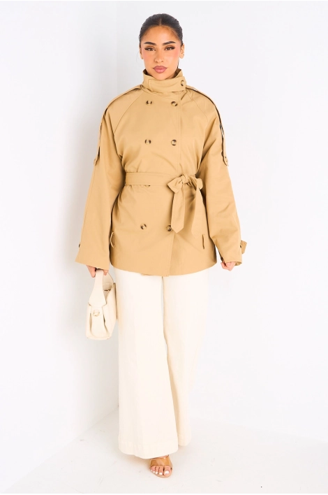 Manteau camel ceinturé à col rabat