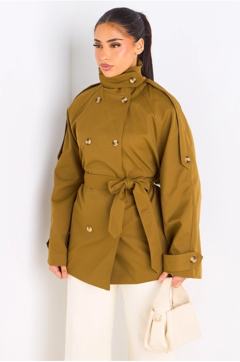 Manteau vert ceinturé à col rabat