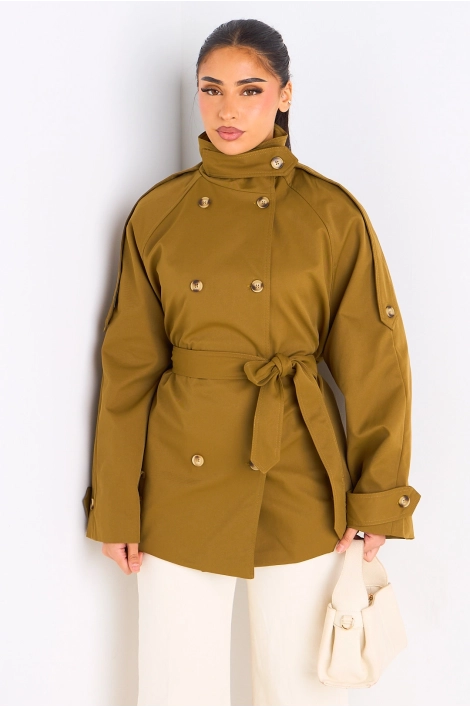 Manteau vert ceinturé à col rabat