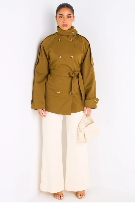 Manteau vert ceinturé à col rabat