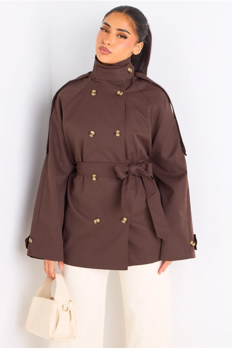 Manteau marron ceinturé à col rabat