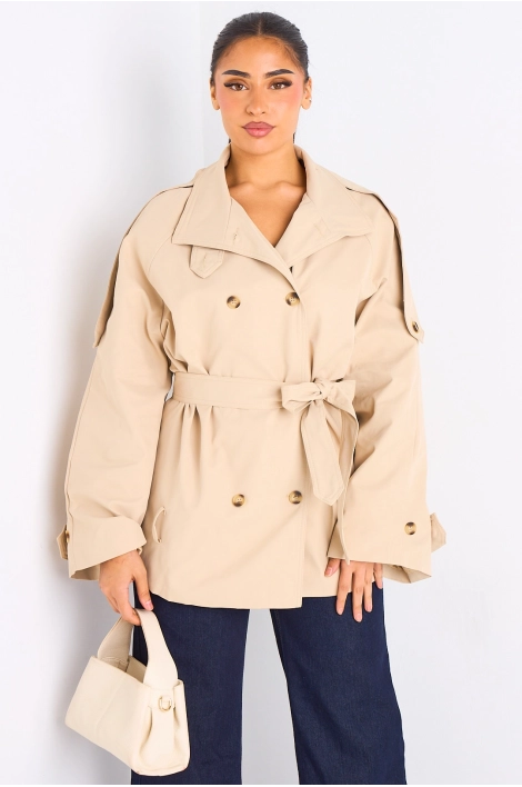 Manteau beige ceinturé à col rabat