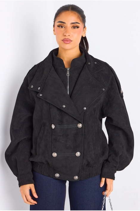 Manteau noir en suédine à effet boutonné