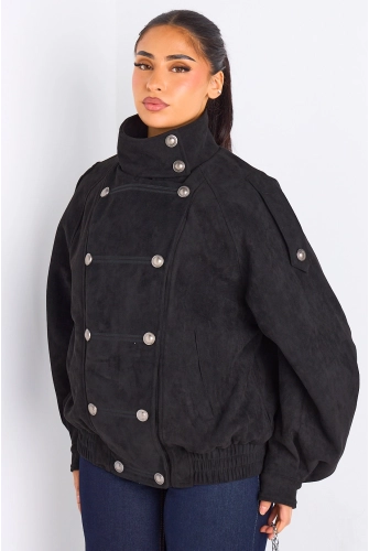Manteau noir en suédine à effet boutonné