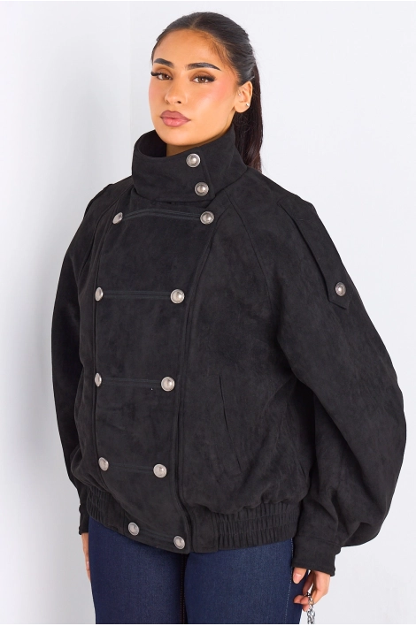 Manteau noir en suédine à effet boutonné