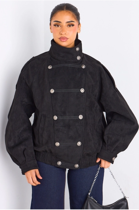 Manteau noir en suédine à effet boutonné