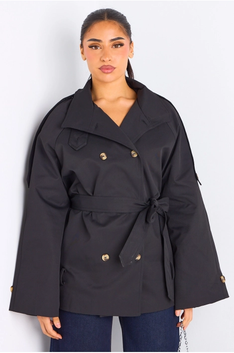 Manteau noir ceinturé à col rabat