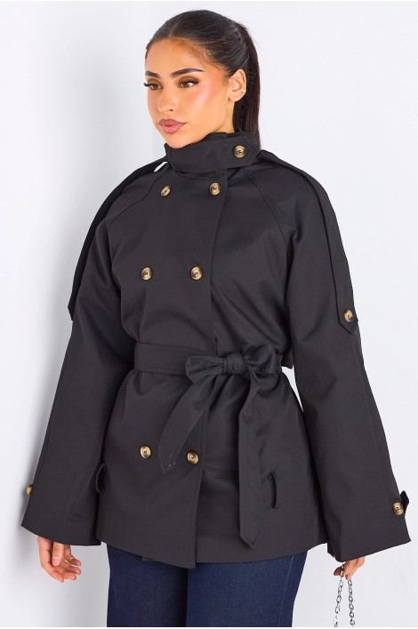 Manteau noir ceinturé à col rabat