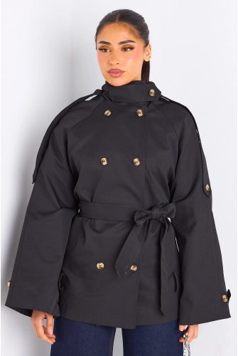 Manteau noir ceinturé à col rabat
