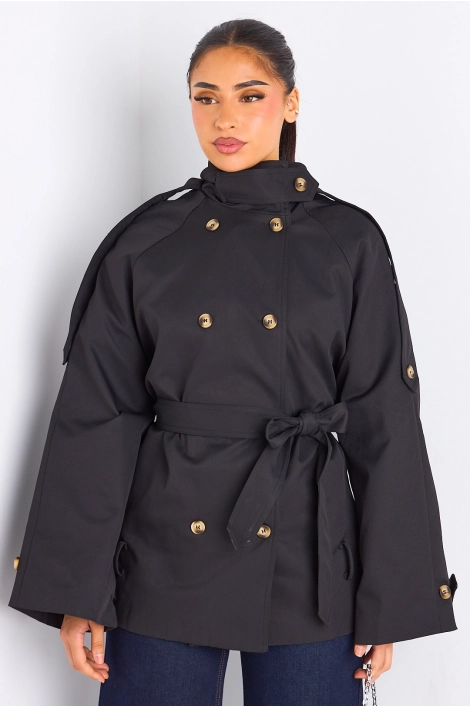 Manteau noir ceinturé à col rabat