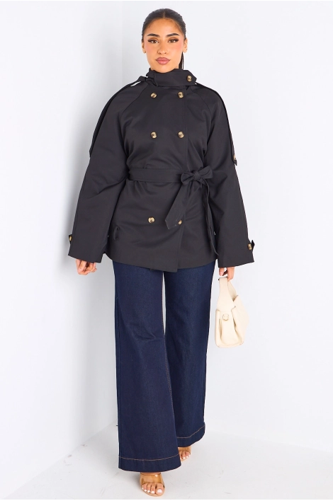 Manteau noir ceinturé à col rabat