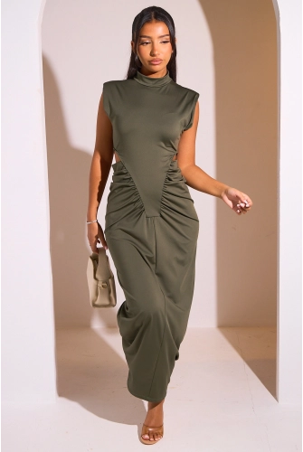 Robe longue kaki ajourée sur les hanches