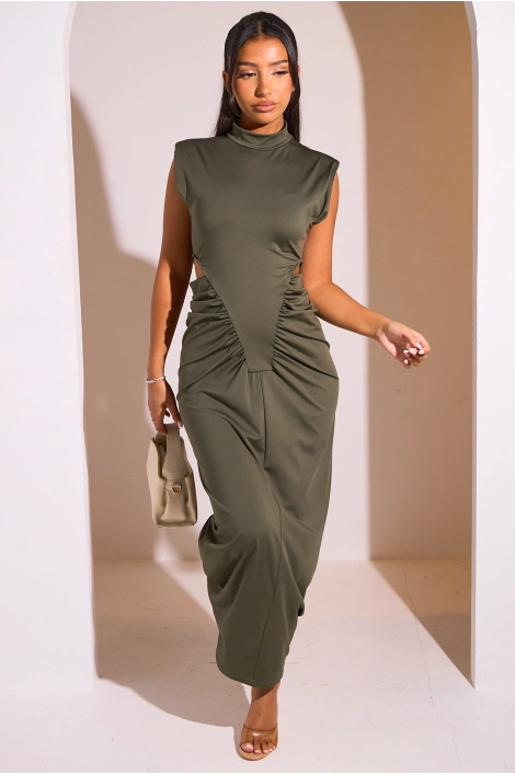Robe longue kaki ajourée sur les hanches
