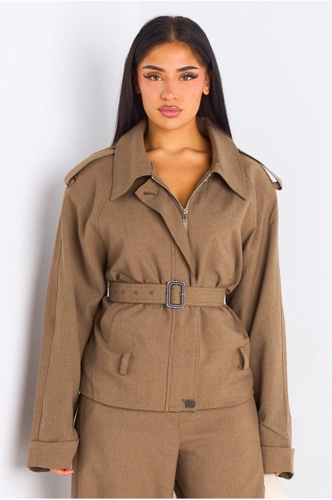 Veste beige foncé à coupe droite ceinturée