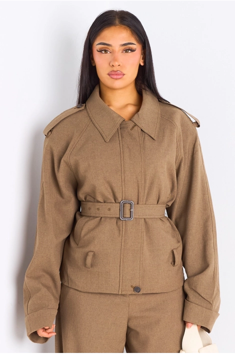 Veste beige foncé à coupe droite ceinturée