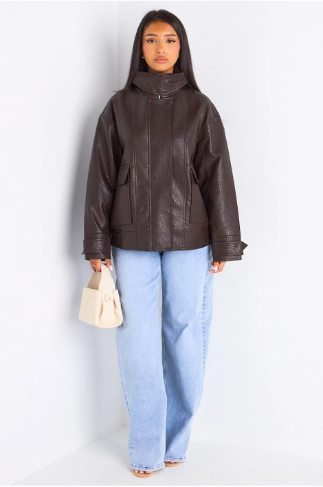 Veste marron courte en simili cuir à poches large