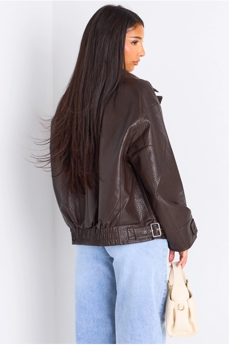 Veste marron courte en simili cuir à poches large